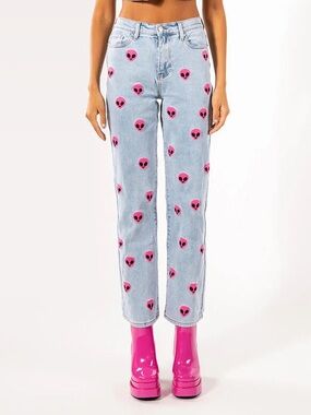 Women's Light Wash Straight Leg Jeans with Pink Alien Print